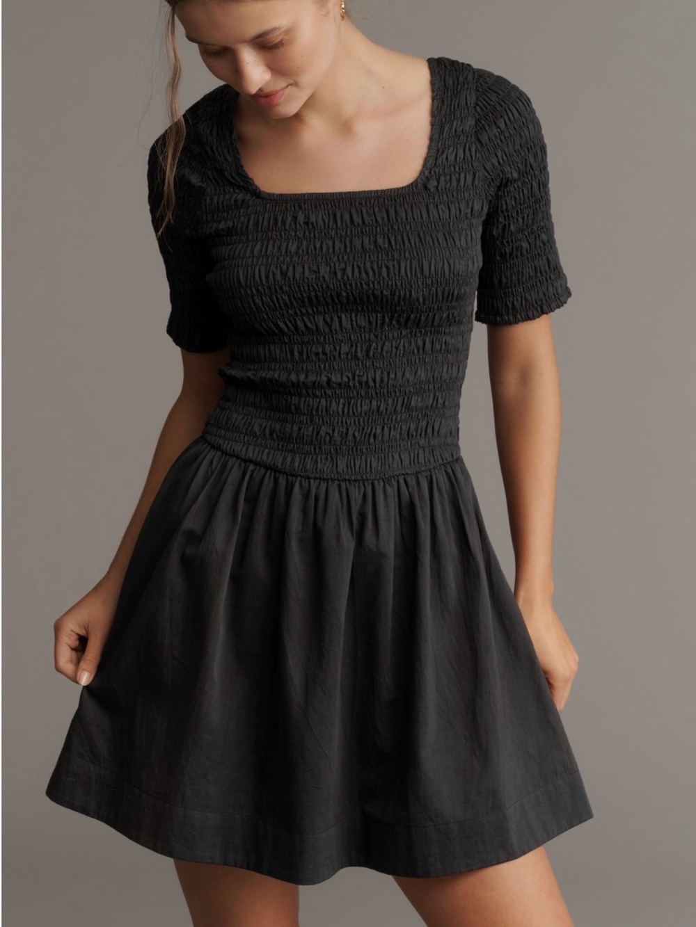 Damson Madder Smocked Square-Neck Mini Dress in Black